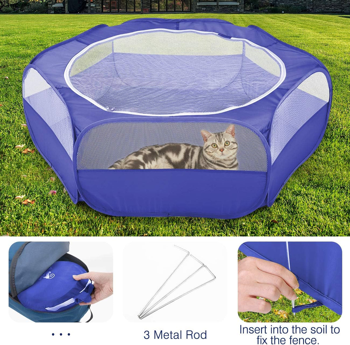 Pawaboo Small Animals Playpen, Waterproof Small Pet Cage Tent with Zippered Cover, Portable Outdoor Yard Fence with 3 Metal Rod for Chick/Kitten/Puppy/Guinea Pig/Rabbits/Hamster/Chinchillas,Indigo