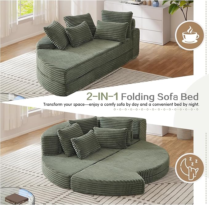 Antetek Chaise Lounge Chair Indoor, Convertible Folding Futon Sofa Bed w/ 5 Pillows, Fluffy Corduroy Boneless Compressed Memory Foam Couch for Living Room, Bedroom (Green, Left Half)