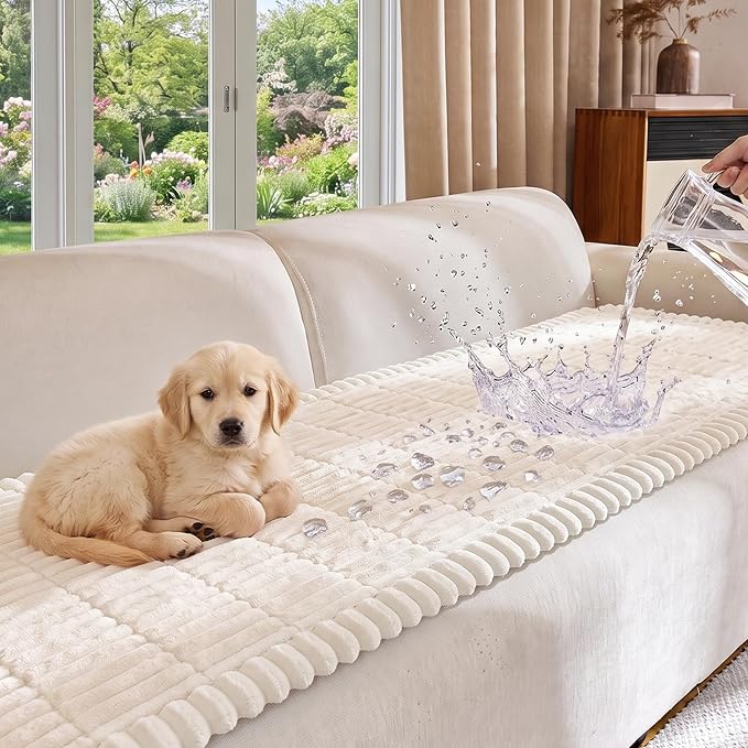 FUANGUI Waterproof Couch Cover Sofa Cover for Dogs and Pets Sofa Protector | Non-Slip Washable Fuzzy Soft Cat Bed Sofa Slipcover for 2-3 Cushion Couch Sofa Pet Friendly, Beige, 27.6" x 70.9", 1 pcs