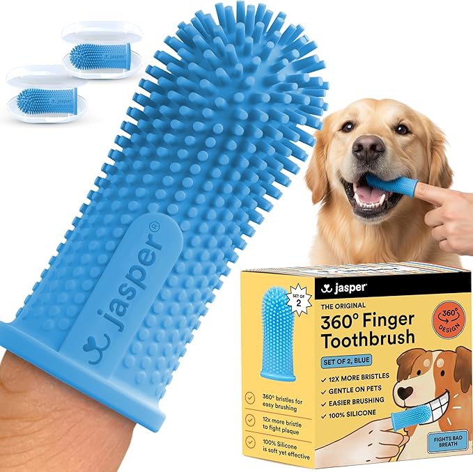 Jasper Dog Toothbrush, 360 Dog Tooth Brushing Kit, Finger Toothbrush, Cat Tooth Brush, Teeth Cleaning, Pet Tooth Brush for Small & Large Pets, Pet Toothpaste Not Included, 2-Pack Blue