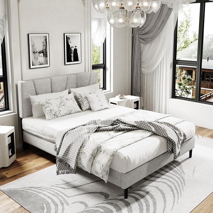 Queen Size Platform Bed Frame with Upholstered Headboard, Wooden Slats Support, Noise Free, No Box Spring Needed, Easy Assembly, Light Grey, Linen