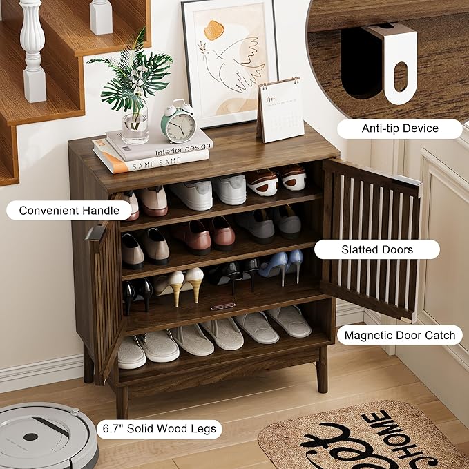 Shoe Cabinet with Slatted Doors, 4 Tier Freestanding Shoe Cabinet Storage