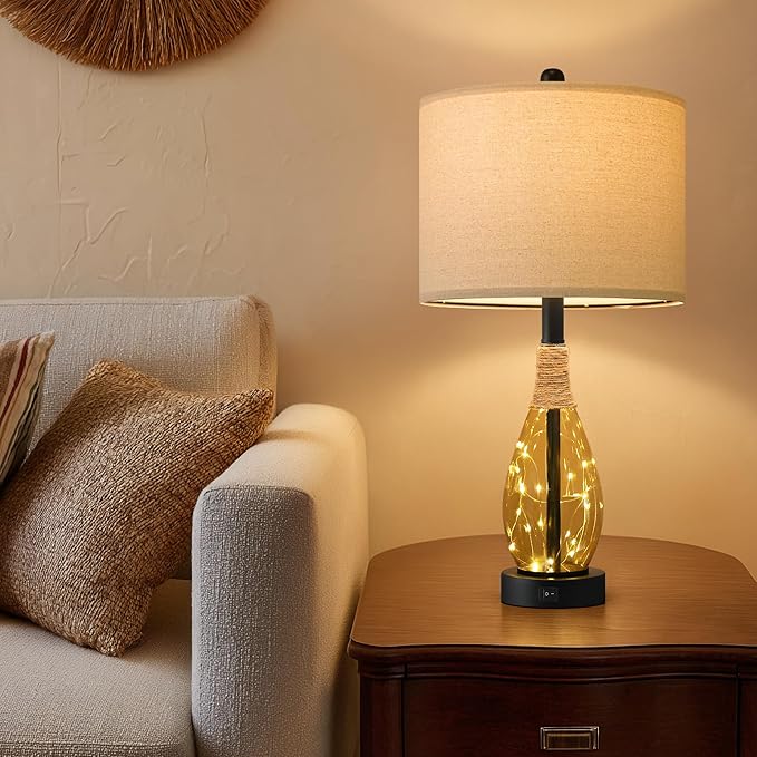 OYEARS 23" Table Lamps for Living Room Set of 2 Bedside Lamps for Night Stands Bedroom Lamps Farmhouse Rattan Boho Lamp Glass Nightlight End Table Lamp,Two Light Points