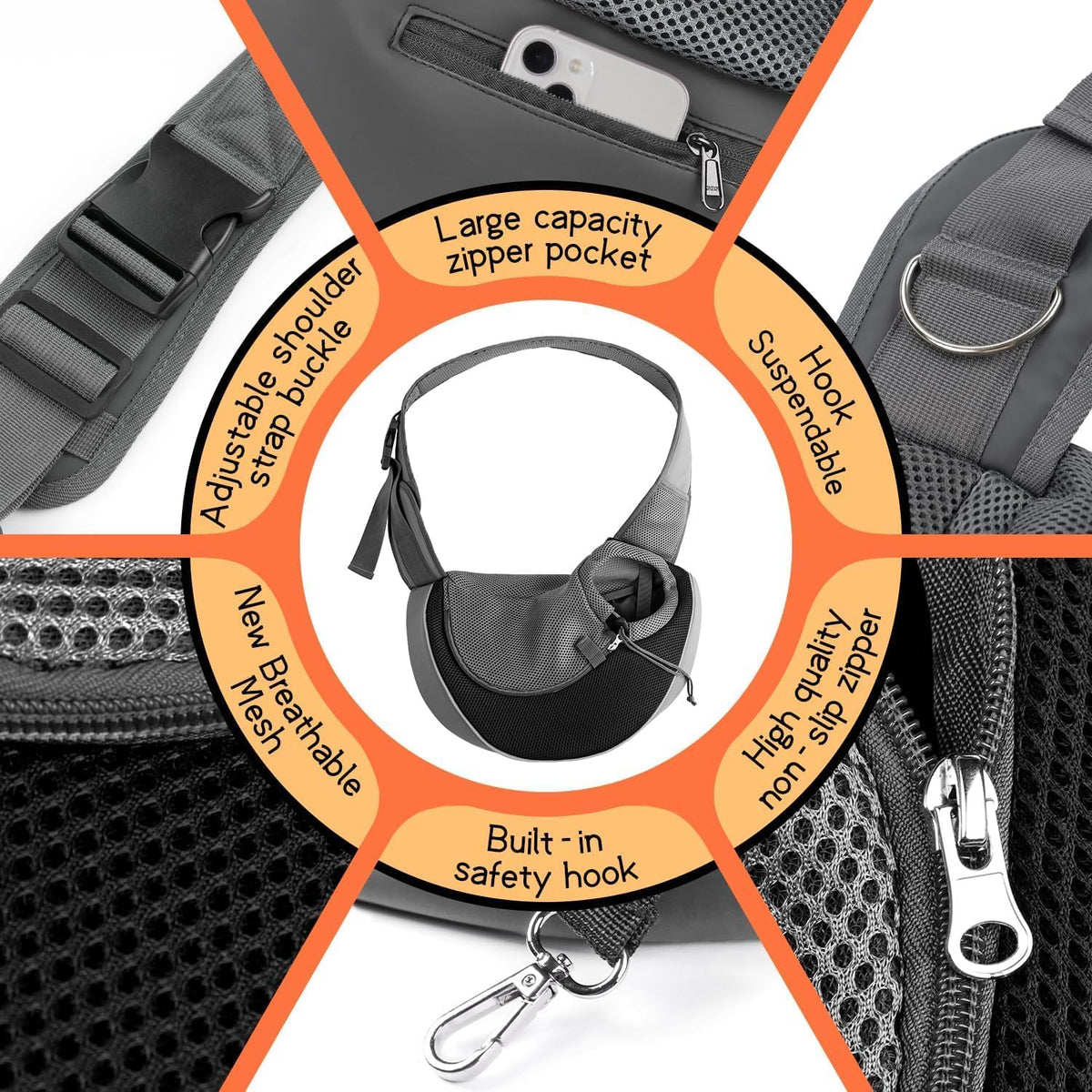 YUDODO Pet Sling Carrier for Small Dogs & Cats – Hands-Free Puppy Carrier with Safety Hook, Large Zipper Pocket, Soft Breathable Mesh, Adjustable Strap & Reflective Strip (Black 1.0 S)