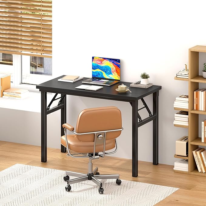 DlandHome Folding Desk Small Desk 31.5 inches Computer Desk for Home Office Folding Table Writing Table for Small Spaces No Assembly Required Black & Black Frame