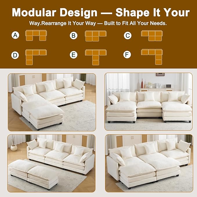 111.4" U Shaped Cloud Couch Sectional with 2 Ottoman｜Modular Chenille Sofa with 29.1" Deep Seat｜FSC Solid Wood Frame｜Easy Assembly & 1YR Guarantee｜for Living Room Bedroom Apartment