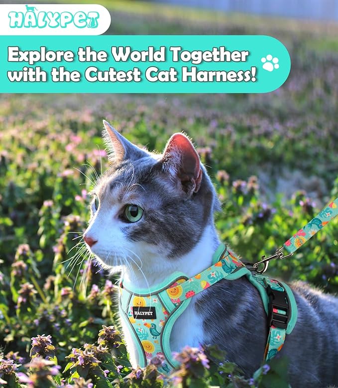 Halypet Cat Harness and Leash Set[MAX Safety 4th-Gen] Cute Escape Proof Vest Harness for Girl&Boy Cat Walking, Comfortable Adjustable Leash and Reflective Strips for Outdoor Kitten, M Green Tropics