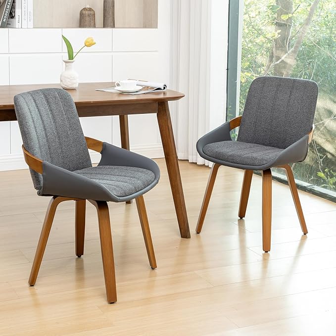 YOUUGIOR Dining Room Chairs Set of 4, Mid Century Modern Gray Fabric+Faux Leather Kitchen Chairs No Arms,Bamboo Legs Side Chairs No Wheels,Accent Chair for Dining Rooms