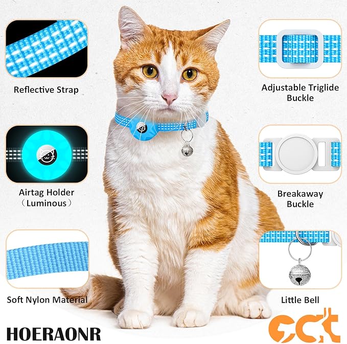 Apple AirTag Cat Collar, GPS Tracker with Reflective Breakaway Design, Lightweight Kitten Collar with Bell (Black/Luminous Blue)