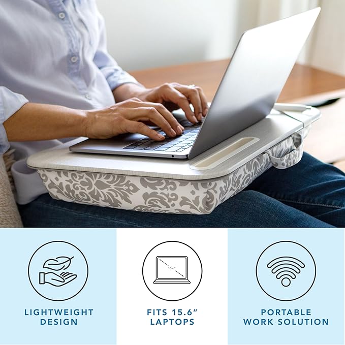 LAPGEAR Designer Lap Desk with Phone Holder and Device Ledge - Gray Damask - Fits up to 15.6 Inch Laptops - Style No. 45424