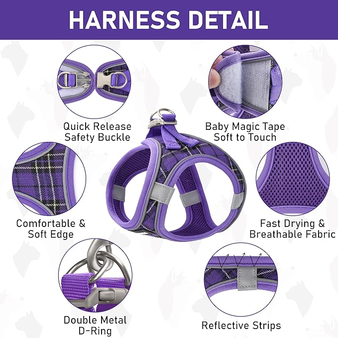 GAMUDA Small Dog Harness Collar and Leash Set, Step in No Chock No Pull Soft Mesh Adjustable Dog Vest Harnesses Plaid Reflective for Dogs Puppy Cats Kitten Rabbit (Purple, L)