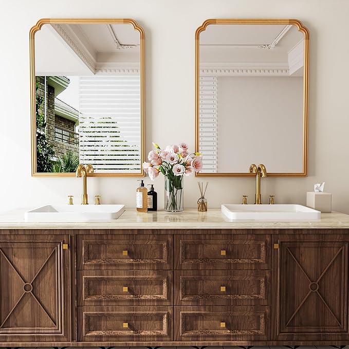 30" x 40" Wood Bathroom Mirror for Over Sink, Rustic Rounded Corner Vanity