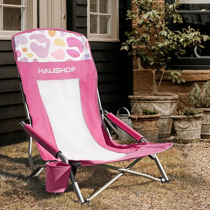 HAUSHOF High Back Beach Chair, Mesh Back Folding Chair, Lightweight Low Seat Camping Chairs with Cup Holder, Carry Bag, Padded Armrest for Outdoor Beach Lawn Camping Picnic Festival