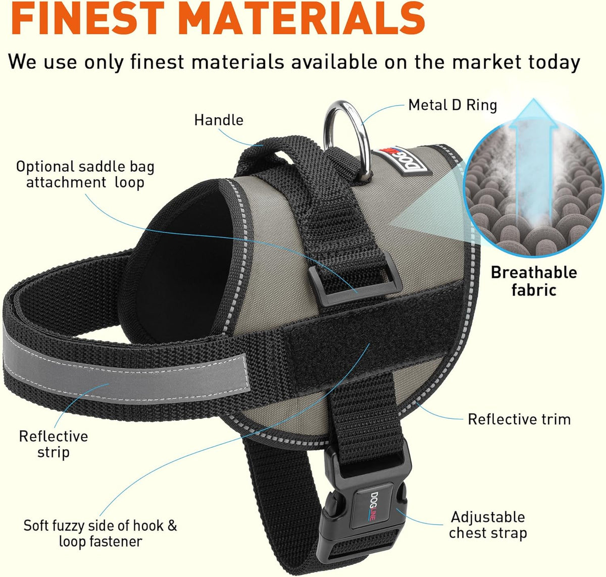Dogline Dog Harness, Reflective No-Pull Adjustable Vest with Handle for Walking, Training, Service Breathable No - Choke Harness for Small, Medium or Large Dogs Room for Patches Grey XL 33"-46"