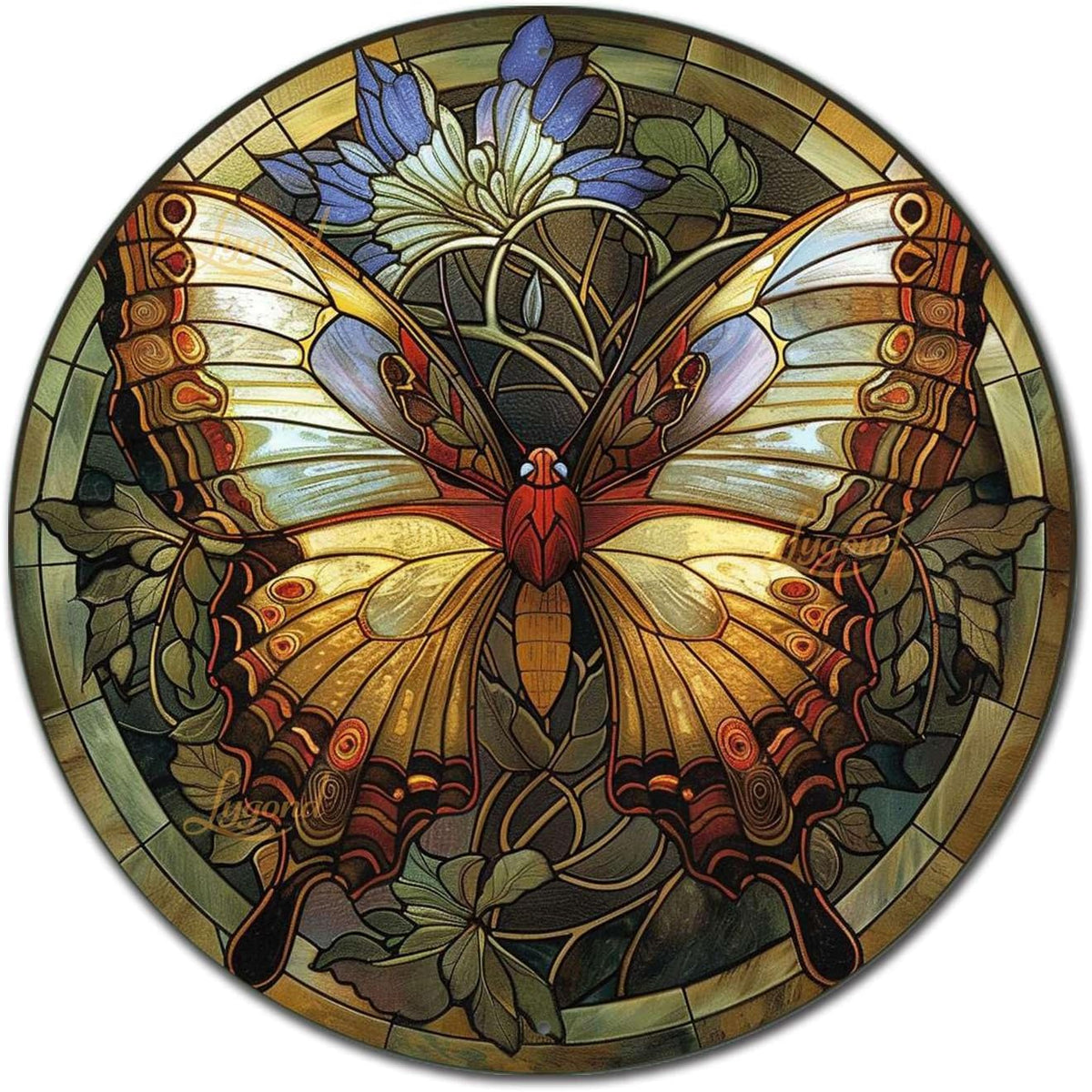 Lygond Metal Sign Tin Sign Circular Stained Glass Butterfly Funny Bathroom Wall Decor for Patio 8×8 Inches