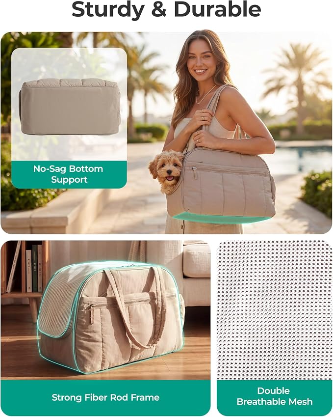 BAGSMART Dog Purse Carrier for Small Dogs Up to 13lbs Puppy Travel Tote Bag | Quilted Puffy Soft Sided Pet Handbag with Pockets, Collapsible Lightweight Portable Carrying with Safety Tether & Mat, Blue