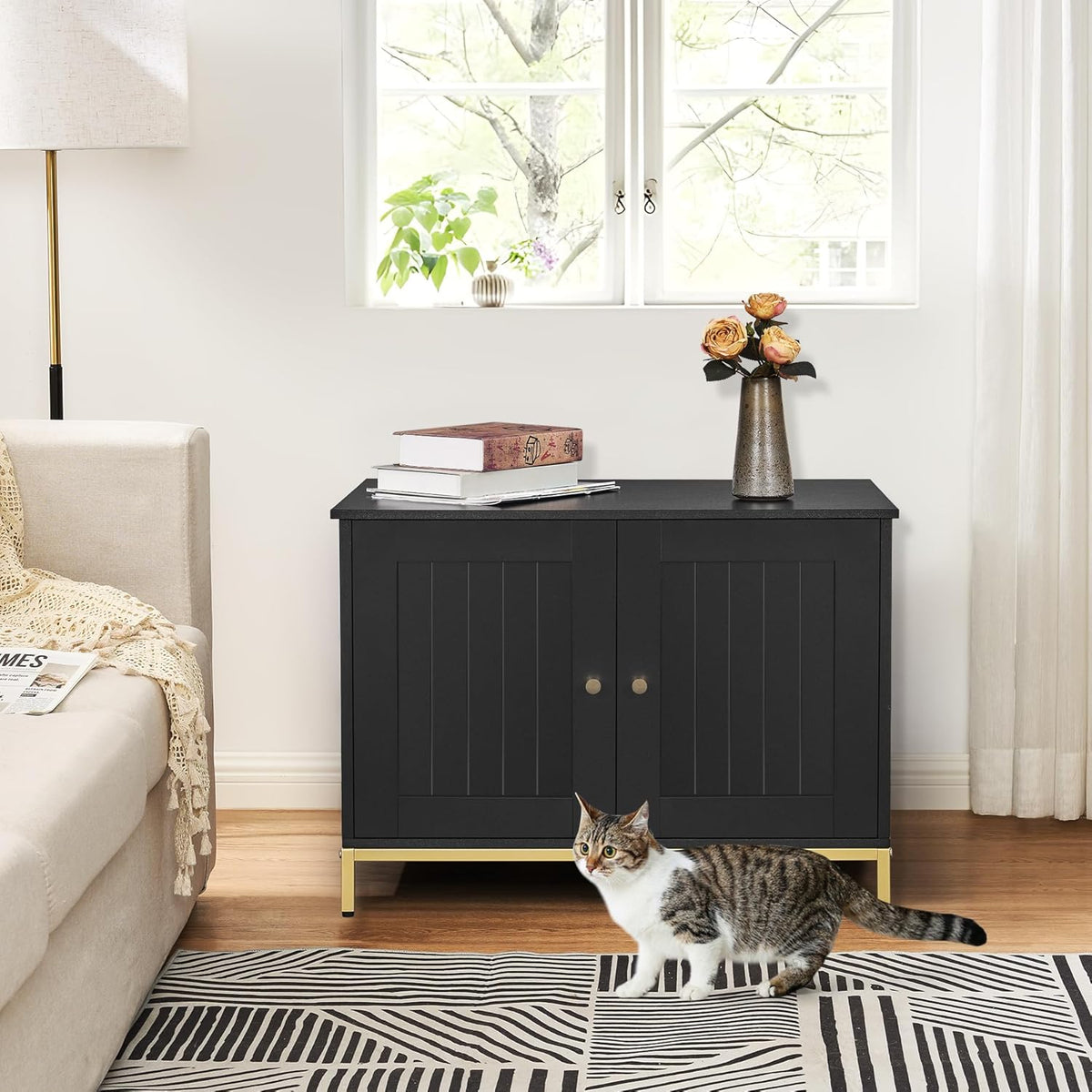 Homhedy Cat Litter Box Enclosure, Cat Washroom Furniture with Metal Frame, Pet House, Fit Most of Litter Box, Modern Style, Black and Gold