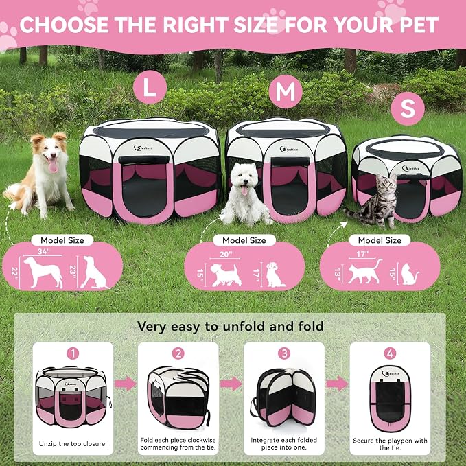 Siedihit Dog Cat Pet Playpen Tent Crate Cage with Washable Pad, Medium Pink | Breathable double-layer mesh Wide applicability Recovery After Surgery Portable Easy to Set up lightweight Recovering Pets