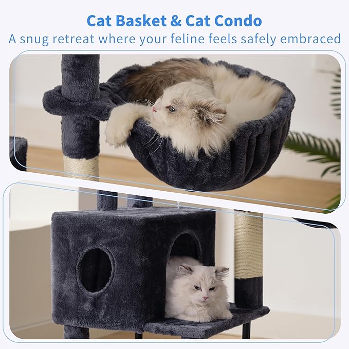 Heybly Cat Tree, 49.2 Inches Cat Tower for Indoor Cats, Spacious Cat House Condo with Hidden Space，Sturdy Steel Tube，Soft Plush Top Perch，Cozy Hammock and Sisal Scratching Posts, Smoky Gray HCT200SG