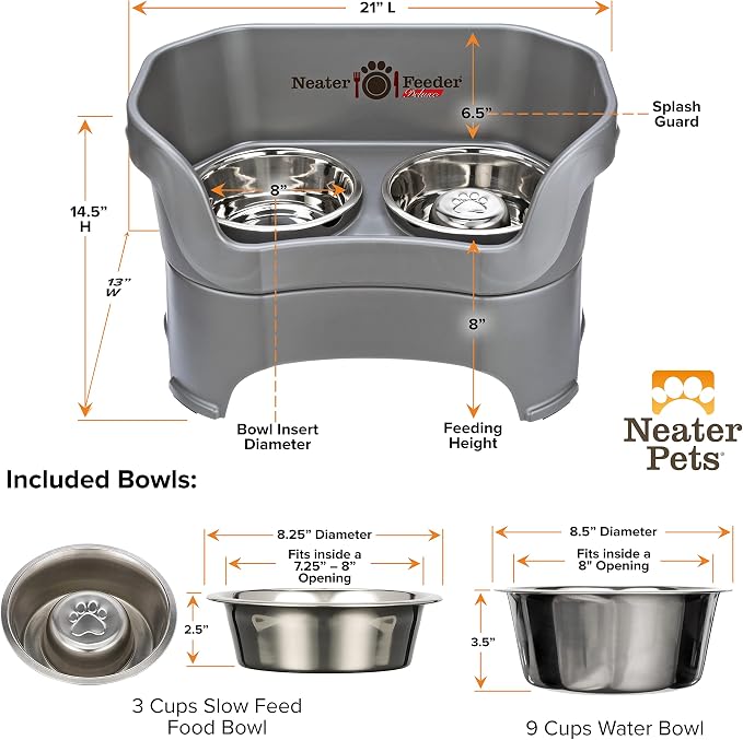 Neater Feeder Deluxe Mess Proof Dog Bowls Elevated for Large Breeds – Made in USA – No Spill Raised Slow Feeder Elevated Dog Bowl Stand, Stainless Steel Food and Water Bowl Set, Grey