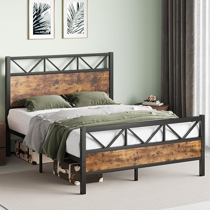 Queen Size Frame with 51.2" Tall Headboard, Platform Bed Frame with Metal Support, Solid and Stable, Noise Free, No Box Spring Needed, Rustic Brown