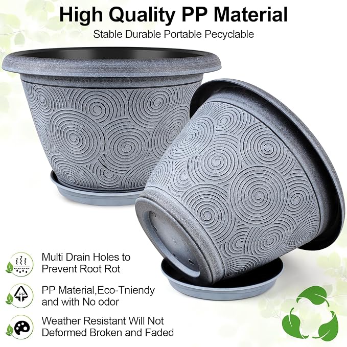 16 Inch Large Planter Pot for Plants Indoor Outdoor, 4 Pack Plastic Flower Pots with Drainage Hole & Tray, Modern Decorative Garden Pot with Saucer, Plant Container for House