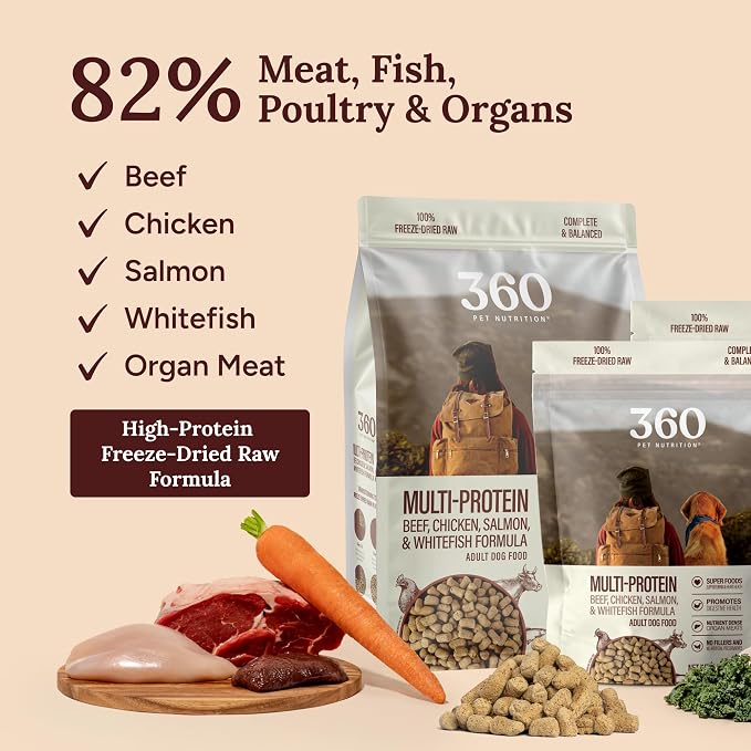 360 Pet Nutrition Freeze-Dried Raw Dog Food – Multi-Protein with Beef, Chicken, Fish & Organs, High Protein, Omega-3s, Fruits, Veggies & Superfoods, Grain-Free, No Fillers 4 x 16 oz Made in USA