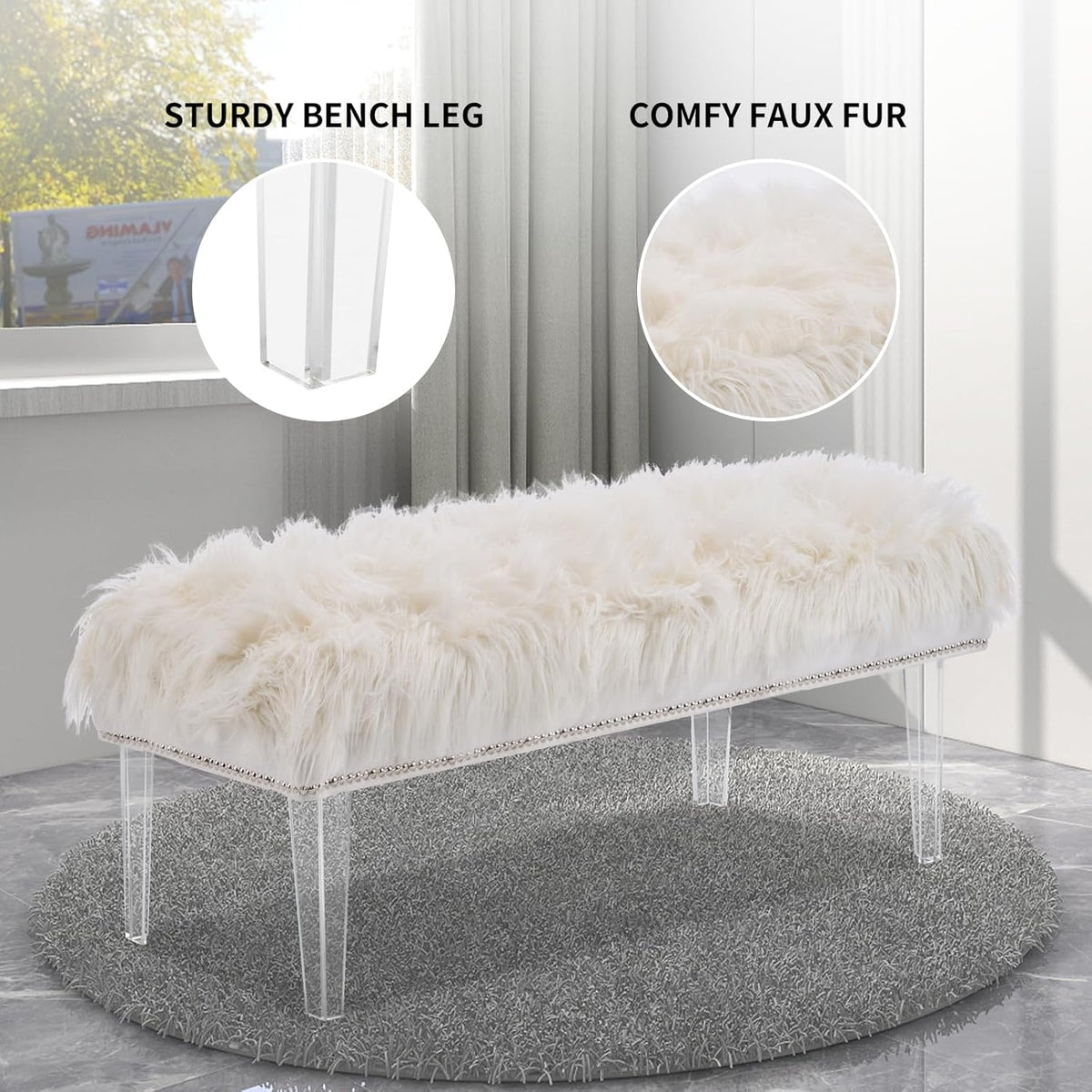46 Inch White Bedroom Bench, Benches for Bedroom White Faux Fur Upholstered Bed end Bench, Tufting Ottoman Bench Indoor Bench with Acrylic Legs for Living Room Bedroom Entryway