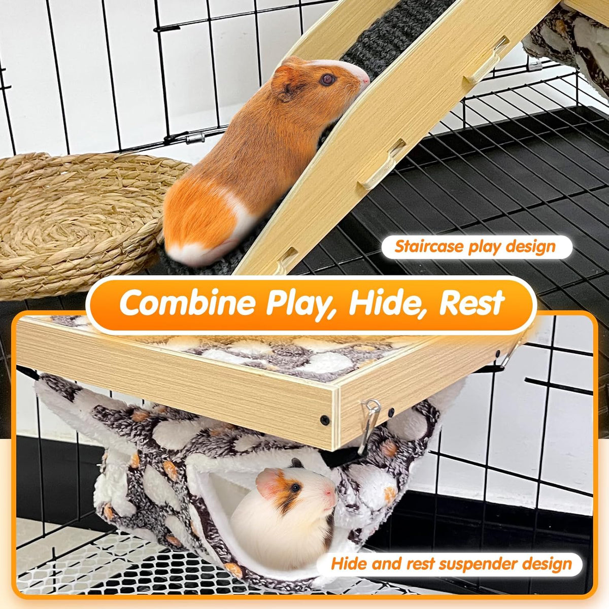 Guinea Pig Hideout，Natural Wood Removable Guinea Pig Bed, Small Animal Habitat with Hanging Hammock/Staircase/Cushion, Suitable for Small Animals to Hide, Rest, Play