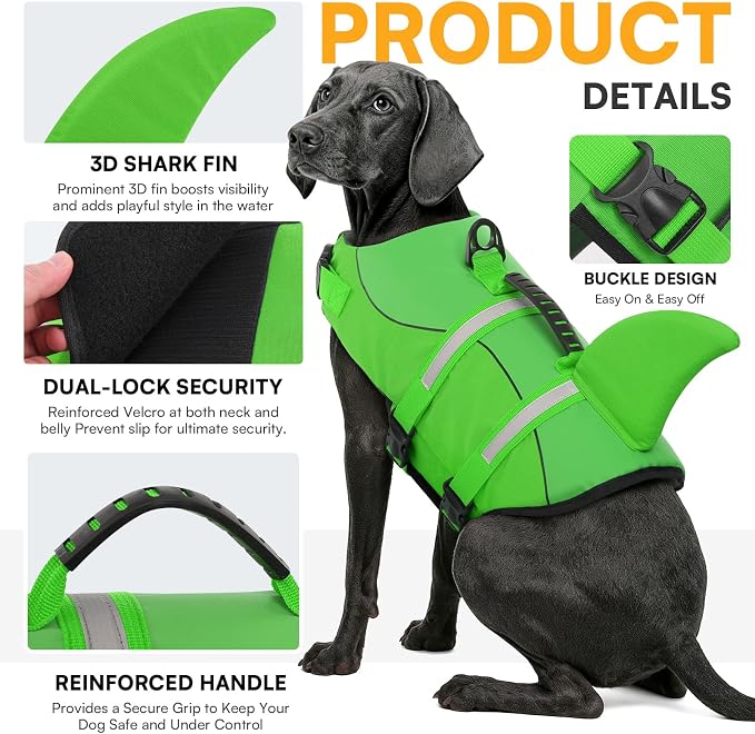 Dog Life Jacket High Flotation, Reflective Dog Life Vest for Swimming, Adjustable Dogs Life Preserver Rescue Handle Spring Summer Pool for Small, Medium, Large Dogs (BrightGreen,L)