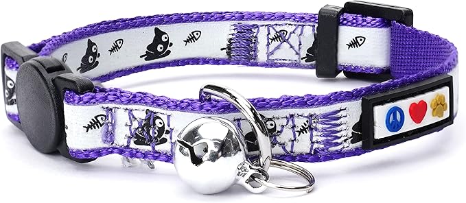 Pawtitas Pet Glow In The Dark Cat Collar with Safety Buckle and Bell Purple Lucky