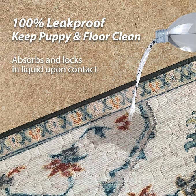 nunubaby Washable Pee Pads for Dogs, Stylish, Non-Slip and Leak-Proof Pee Pads. Reusable Potty Pads for Dogs for Crates and Floors.(Beige/Floral, 54" x54" )