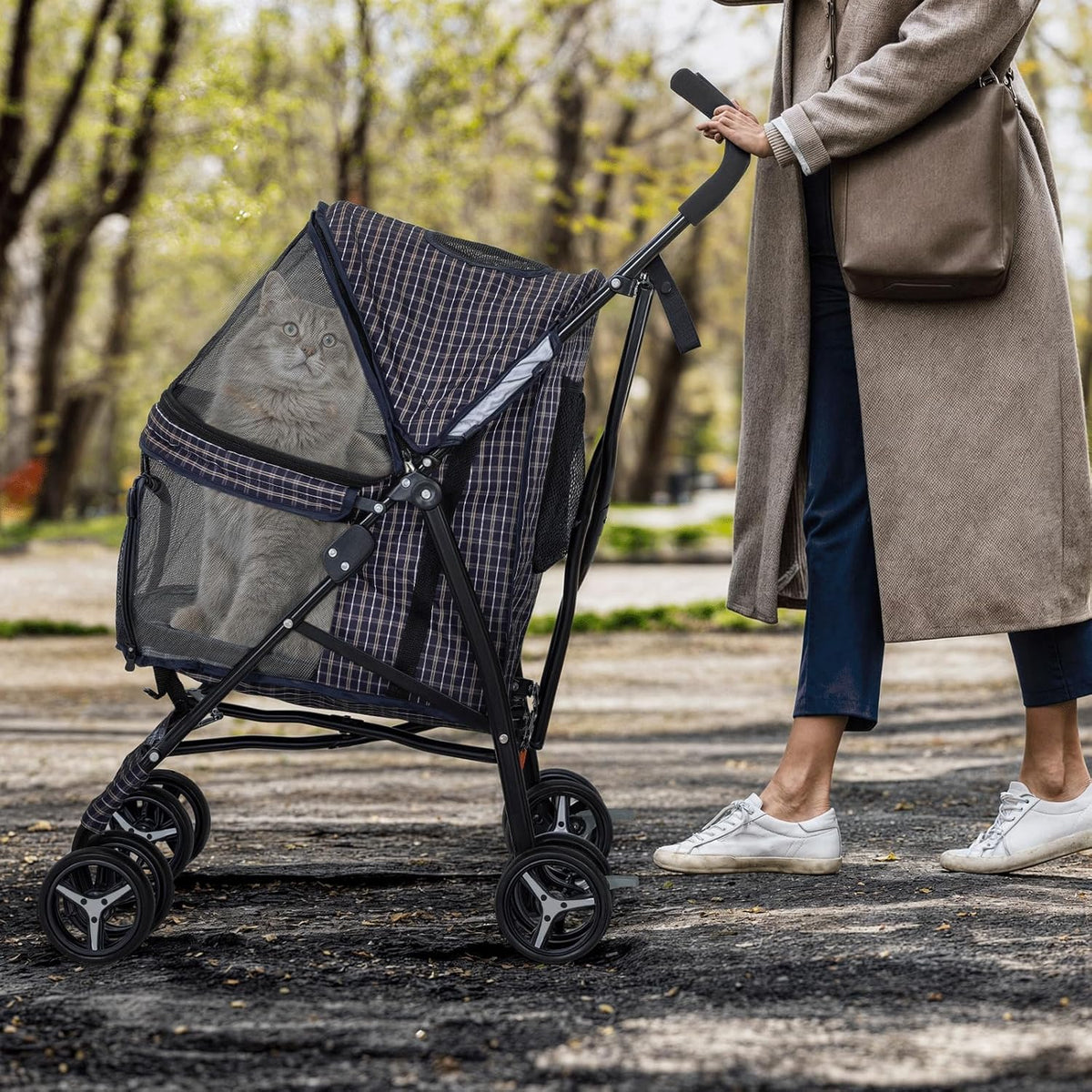 MoNiBloom 4 Wheels Pet Stroller, Easy-Fold Umbrella Shaped Dog Cat Jogger Stroller w/Storage Bag & Visible Mesh for Small/Medium Dogs Cats Plaid
