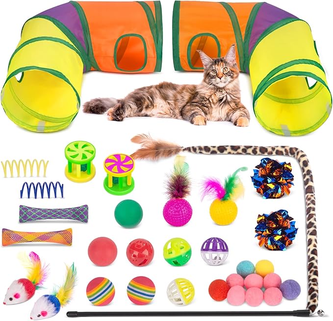 Retro Shaw 33Pack Cat Toys, Cat Tunnels Toy for Indoor Cats Kitten Kitty, Interactive Large Cat Tube Tent Feather Wand Teaser Bell Fuzzy Ball Springs Mouse Pet Set