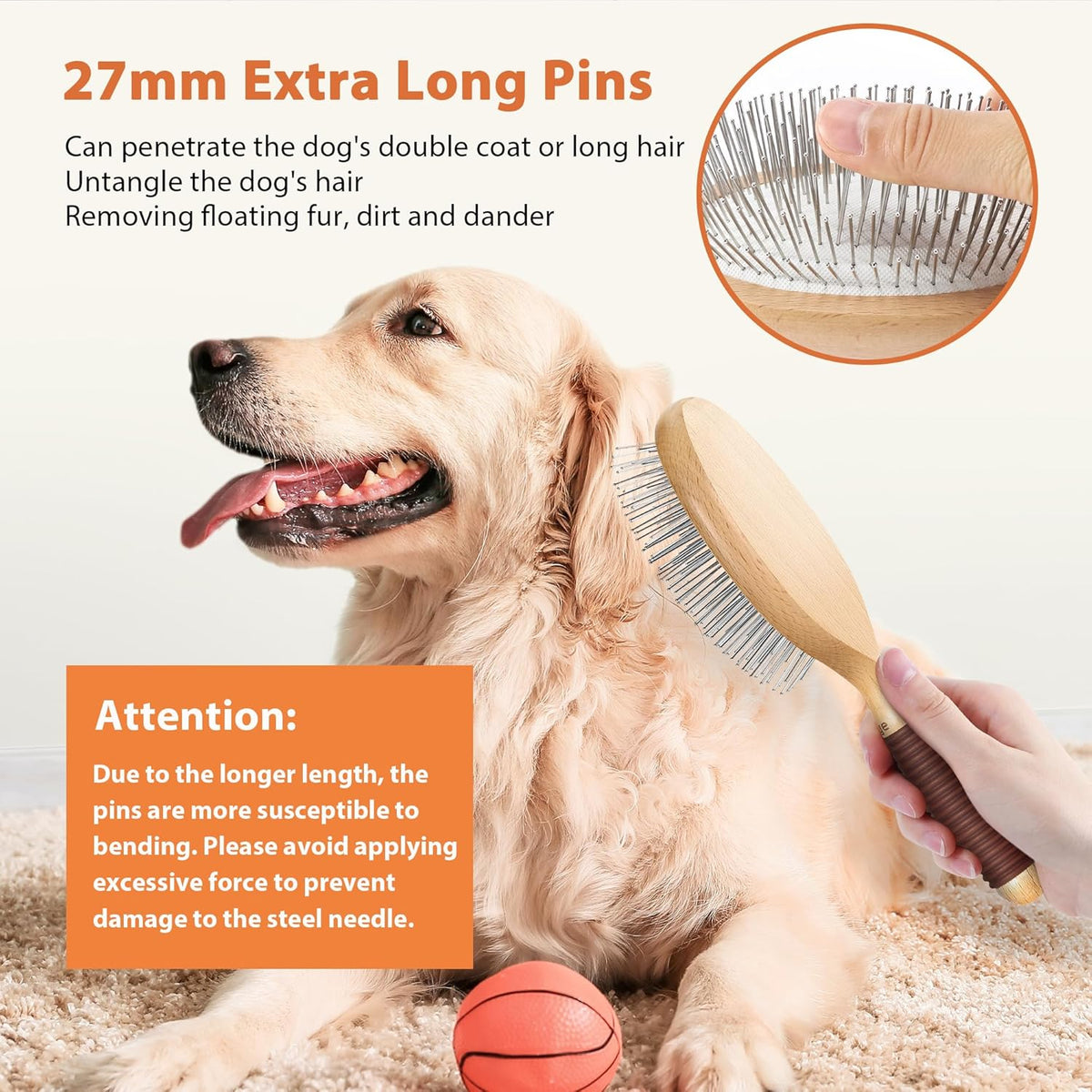 Dog Brush for Long Haired Dogs, 27mm Extra Long Pin Brush for Grooming, Shedding - Beech Wood Material, Non-Slip Rubber Handle, Round-Tipped Pins