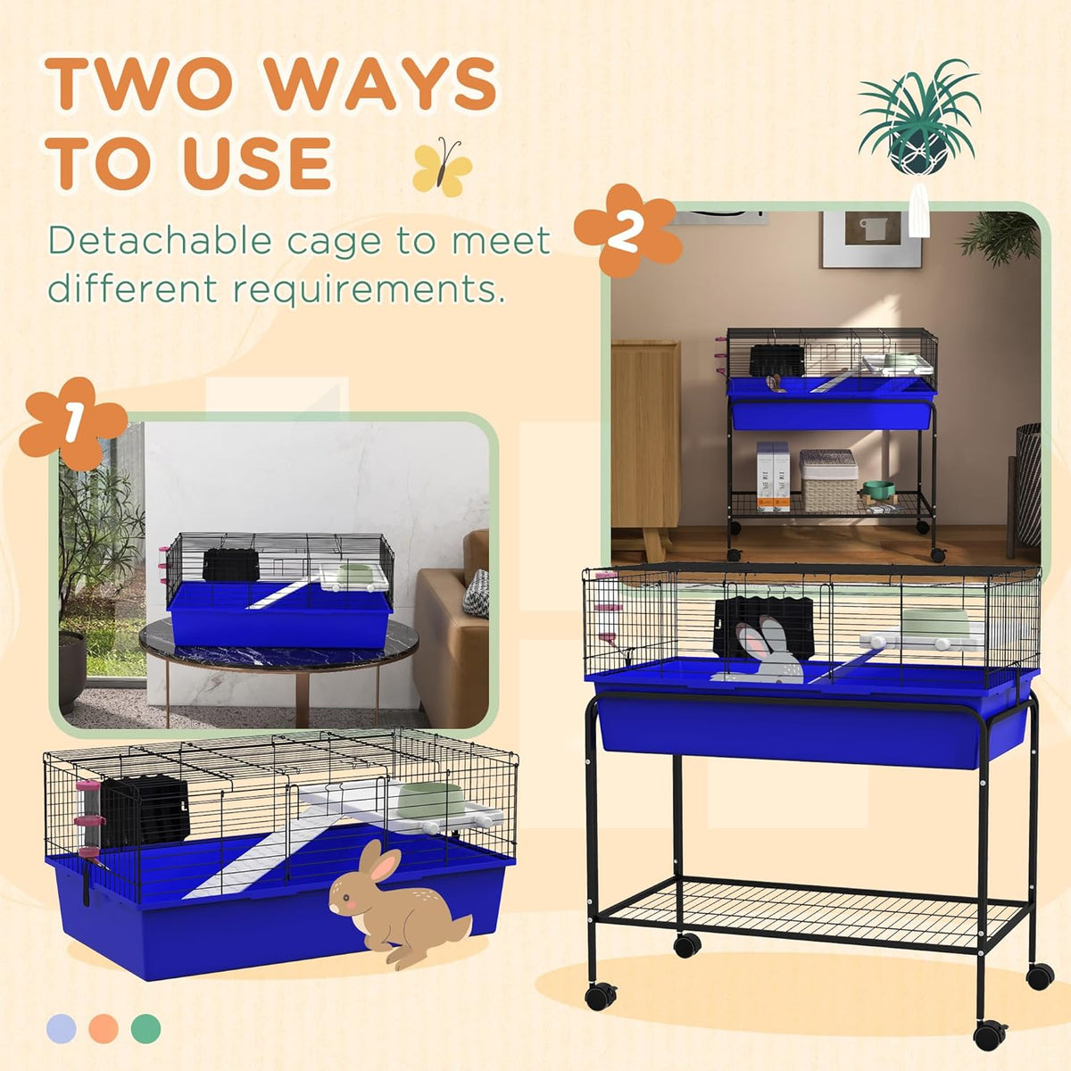 PawHut Two-Story Small Animal Cage Removable from Stand, Guinea Pig Cage with Shelf & Wheels, Pet Habitat for Hedgehog, Chinchilla, Ferret, 33" x 18.5" x 35", Blue