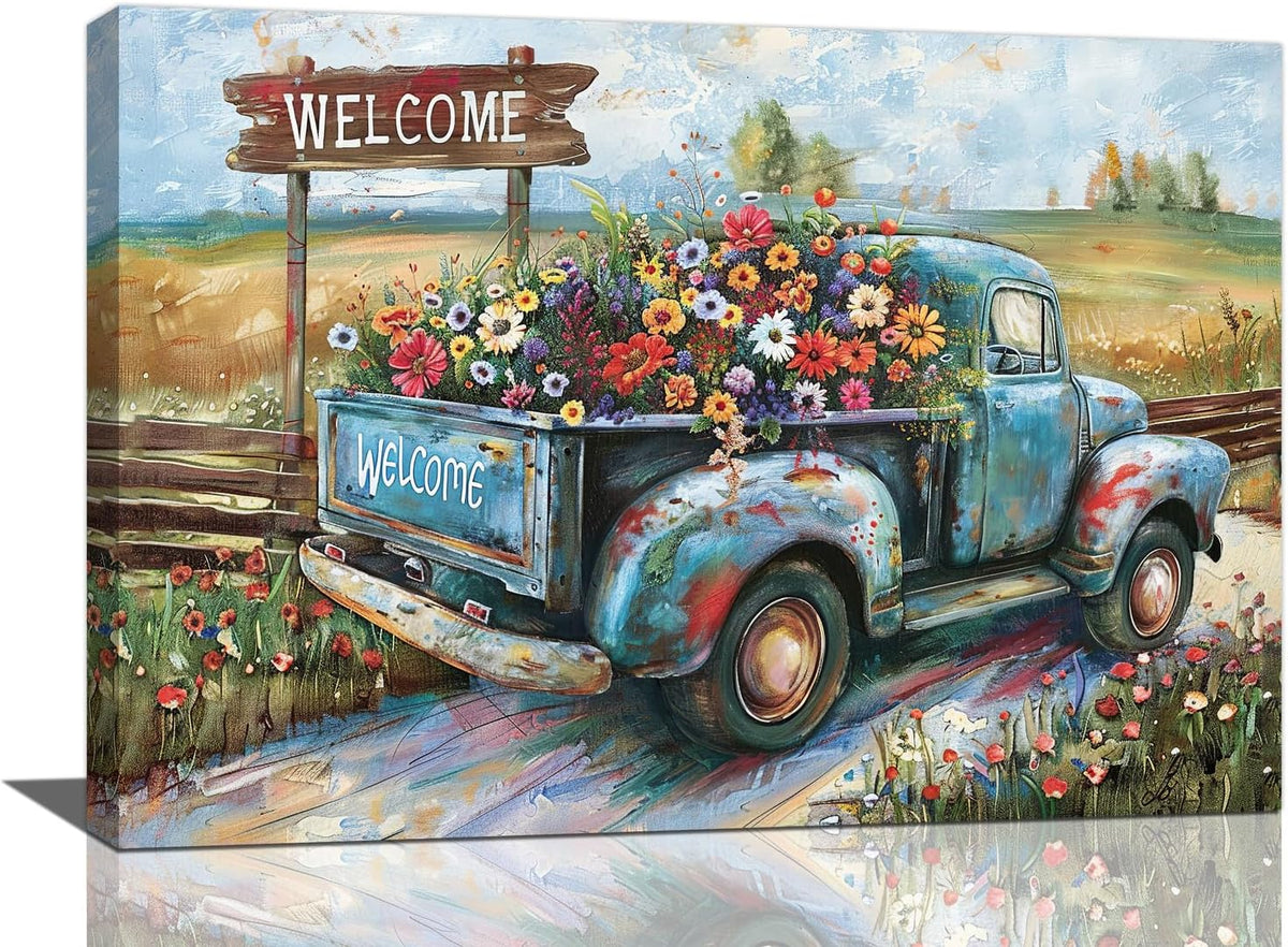 Farmhouse Truck Wall Art Rustic Country Wildflowers Wall Decor Road Flowers Landscape Pictures Canvas Print Painting Artwork for Bathroom Living Room Bedroom 16"x24"