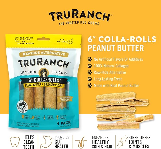TRURANCH Collagen Rolls - 6" Collagen Rolls for Dogs - Long Lasting Healthy Joint Support - Rawhide Alternative - Skin & Coat Health - Made with Real Peanut Butter, Value Pack, 3 Bags, 12 Count