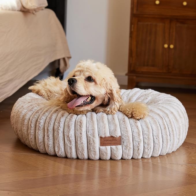 FUKUMARU Dog Bed, Calming Donut Dog Beds for Anxious Puppies, Modern Aesthetic Cat Bed with Gradient Print, Cute Round Pet Beds with Washable Cover, Orthopedic Puppy Bed, Camel, Small, 25 inches