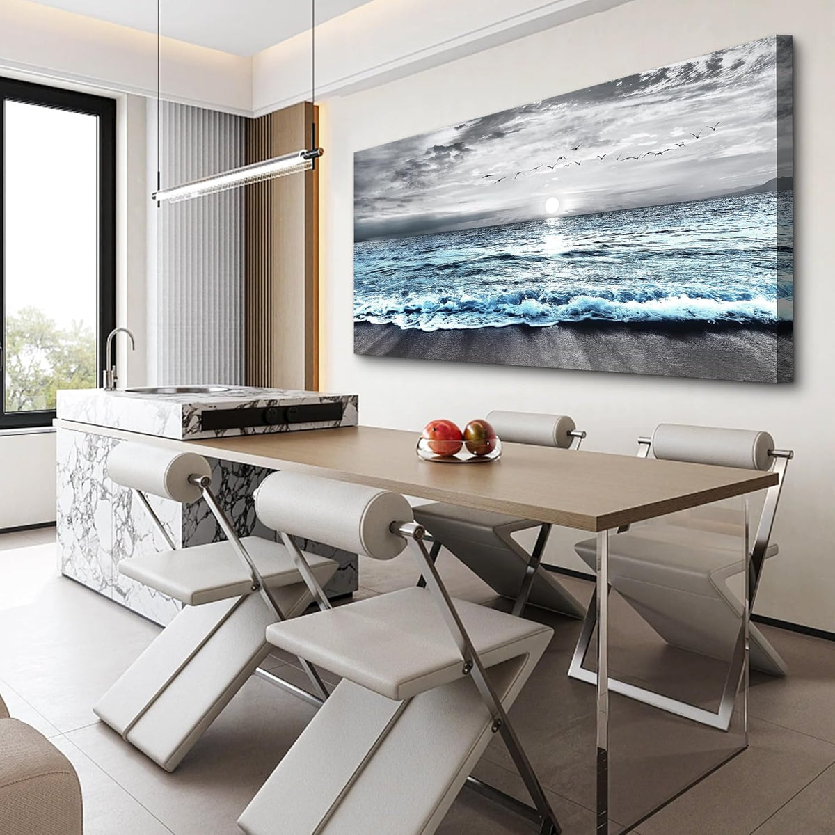 Lapremoly Large Canvas Wall Art For Living Room Wall Decor For Bedroom Office Wall Decorations Black And White Beach Wall Painting Blue Ocean Sea Wave Pictures Stretched and Framed Modern Artwork