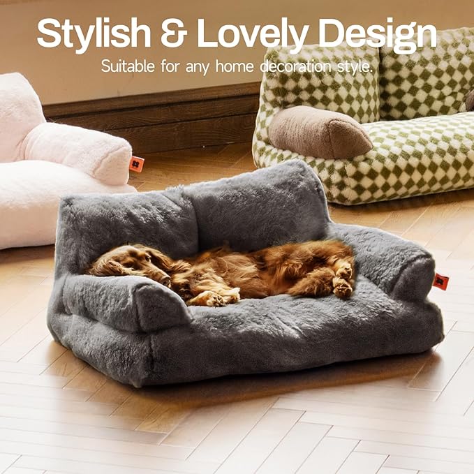 MEWOOFUN Dog Couch, Supportive Small Dog Bed for Puppy and Cats with Removable Washable Cover, Fluffy Cat Couch with Non-Slip Bottom (Dark Grey, 26.0" L X 19.0" W X 13.0" Th)