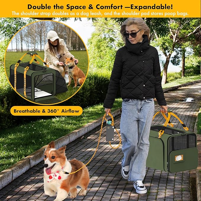 PAWZIDEA Expandable Large Pet Carrier with Wheels, 24x16x16 in Rolling Cat Carrier for 2–4 Cats up 55lb, Soft-Sided Collapsible Small Medium Dog Crate for Car Travel, Telescopic Handle, Storage Pocket