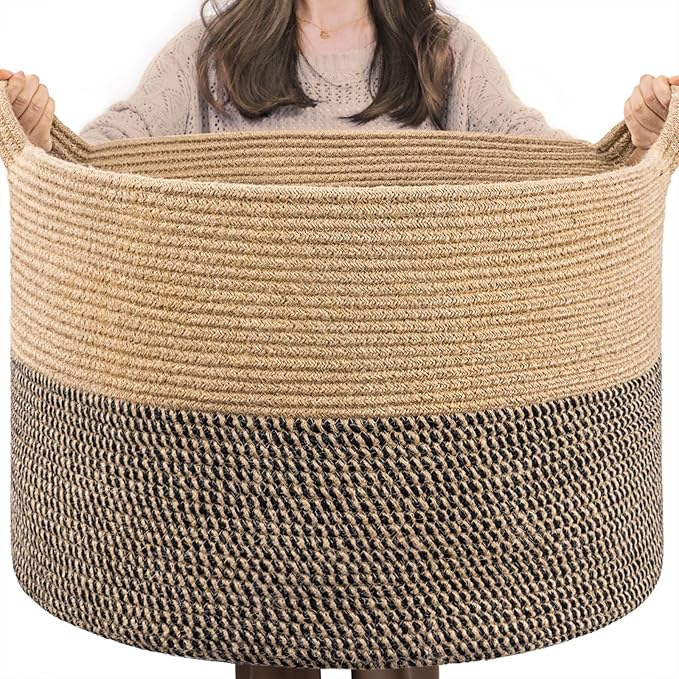 INDRESSME Extra Large Woven Baskets for Storage, 21.7 x 13.8 Blanket Basket Living Room Wicker Storage Basket for Organizing Woven Laundry Baskets for Toy Pillow Shoe, Entryway, Black Jute