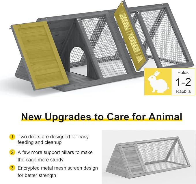 Rabbit Hutch, Small Chicken Coop Outdoor A-Frame Quail Cage with 2 Door & Run Cage Wooden Triangle Quail Hutch with Ventilating Wire Poultry Hutch for Small Animal (Gray)