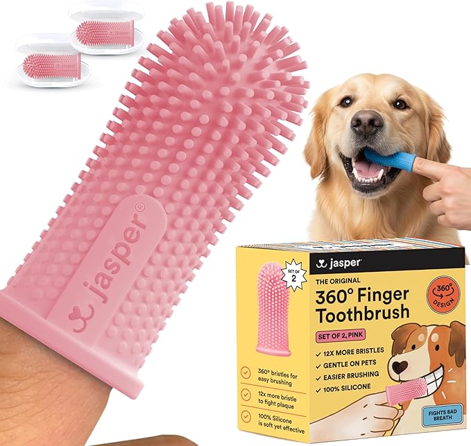 Jasper Dog Toothbrush, 360 Degree Pet Tooth Brushing Kit, Cat Toothbrush, Canine Dental Care & Teeth Cleaning Kit, Pet Finger Tooth Brush, Use with Dog Toothpaste, 2-Pack Pink