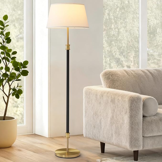 Modern Mid Century Floor Lamp with Soft Linen Shade, 63” Tall Black & Brass Standing Lamp, Weighted Base, Warm Ambient Light for Living Room, Bedroom & Reading Corners (Black & Gold)