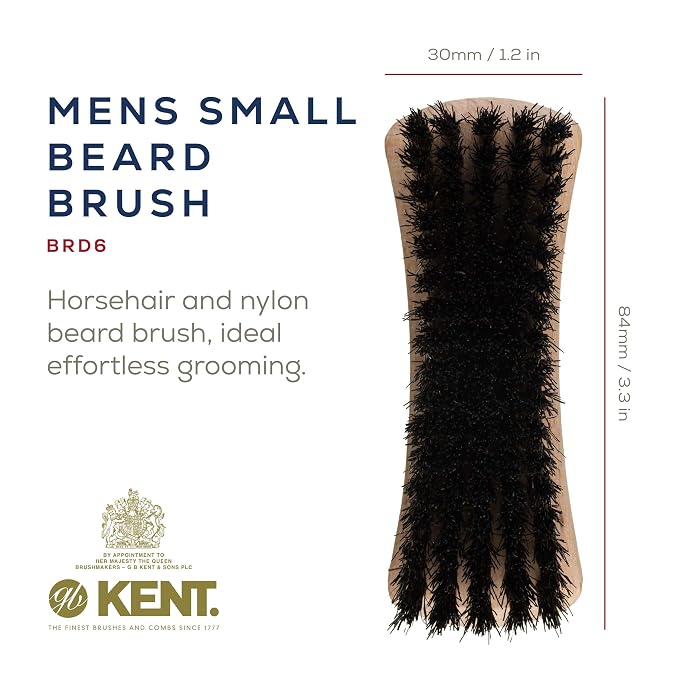 Kent BRD6 Small Travel Men's Beard and Mustache Brush, Natural Boar Bristle for Flawless Shaping and Grooming. Ergonomic Grip Wood Handle. Dry or Wet Beard, Distributes Oils and Balms. Made in England