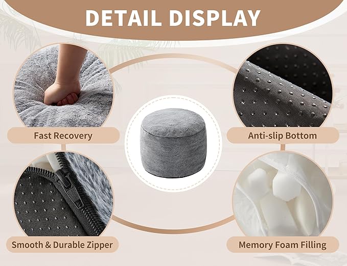 WSOFRLAC Boho Ottoman Living Room Furniture 26"x18" Large Round Ottomans Pouf Couch Foot Rest Grey Pouf Ottoman Foot Rest with Foam Chunk Filling Pouffe Ottomans Stuffed Foot Rest Poufs for Couch