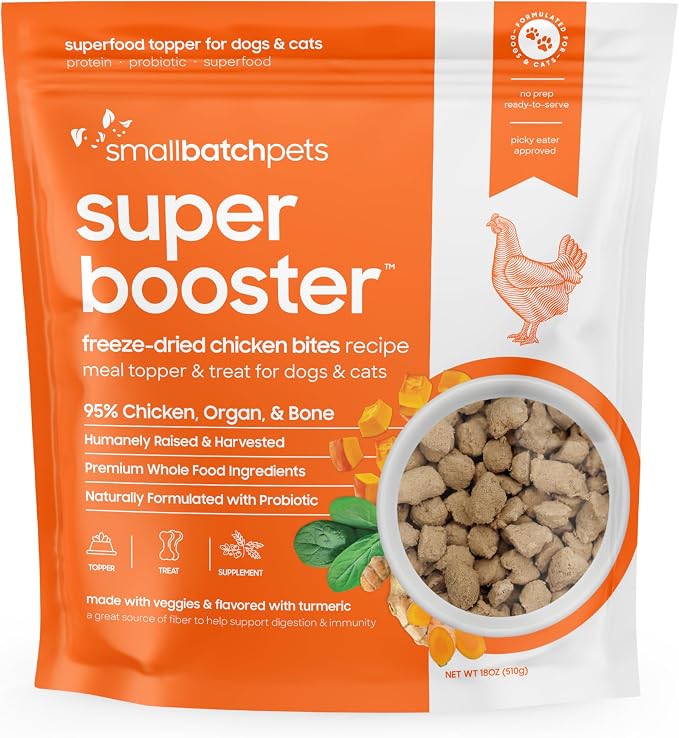 Smallbatch Freeze Dried Dog Treats, Superfood Food Topper Chicken Bites for Dogs & Cats, Probiotics, Organic Ingredients, High Protein, Grain Free Healthy Treat Food Topper, Made in the USA, 18 oz Bag