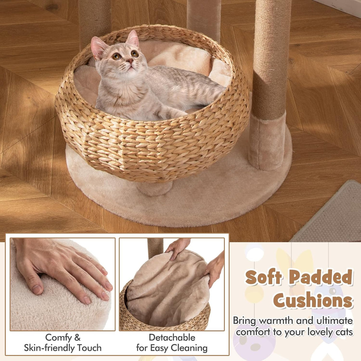 PETSITE 65 inch Cattail Cat Tree Tower, Multi-Level Cat Tower with Natural Jute Scratching Posts, Cat Bed, Top Perch, Dangling Balls and Jumping Platforms, Modern Tall Cat Tree for Indoor Cats